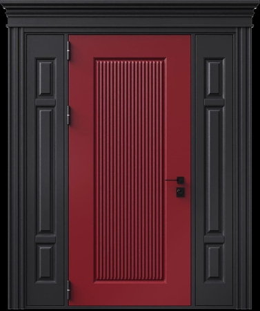 Входная термодверь с металлофиленкой, вставками по бокам, карнизом и двухцветным порошковым покрытием RAL 3004 и RAL 9004 (тип №2)