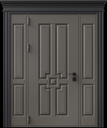 Входная термодверь с металлофиленкой, вставками по бокам, карнизом и порошковым напылением RAL 7022 (тип №4)