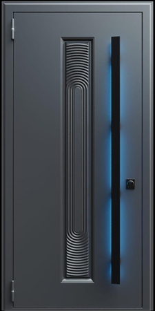 Входная термодверь с металлофиленкой, длинной ручкой с подсветкой и порошковым покрытием RAL 7021 (тип №6)