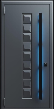 Входная термодверь с металлофиленкой, длинной ручкой с подсветкой и порошковым покрытием RAL 7021 (тип №8)