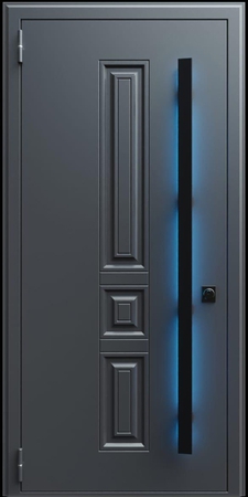 Входная термодверь с металлофиленкой, длинной ручкой с подсветкой и порошковым покрытием RAL 7021 (тип №12)